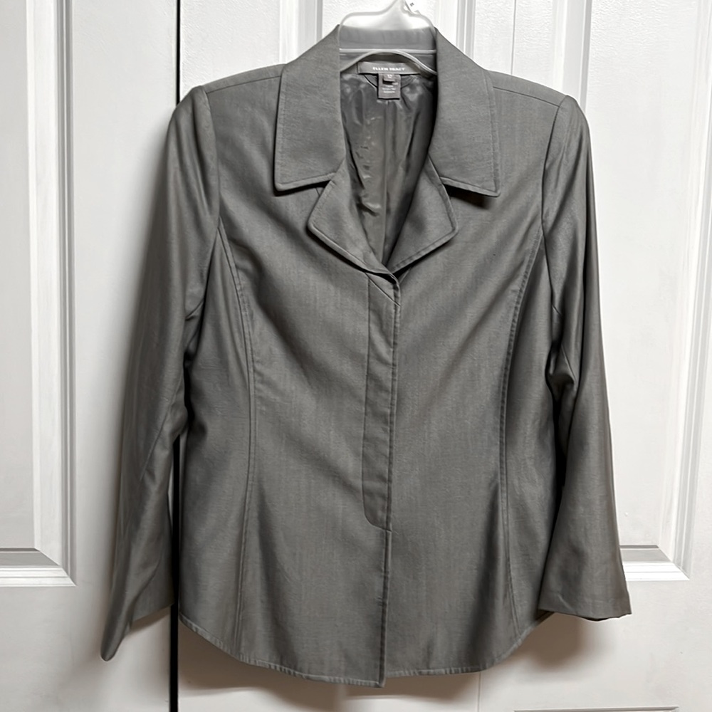 Ellen Tracy Silver Long Sleeve Lined Simi Shiny Hidden Button Blazer Size 12